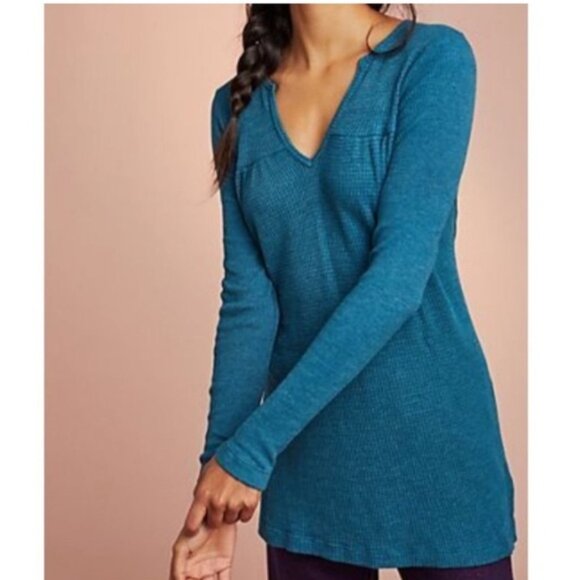 Anthropologie T.La Waffle Weave Primary Long Sleeve Tunic Top In Blue Size M EUC - Picture 2 of 15